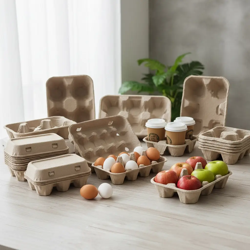 Egg trays made from recycled waste paper, including coffee tray and fruit tray products in supermarket