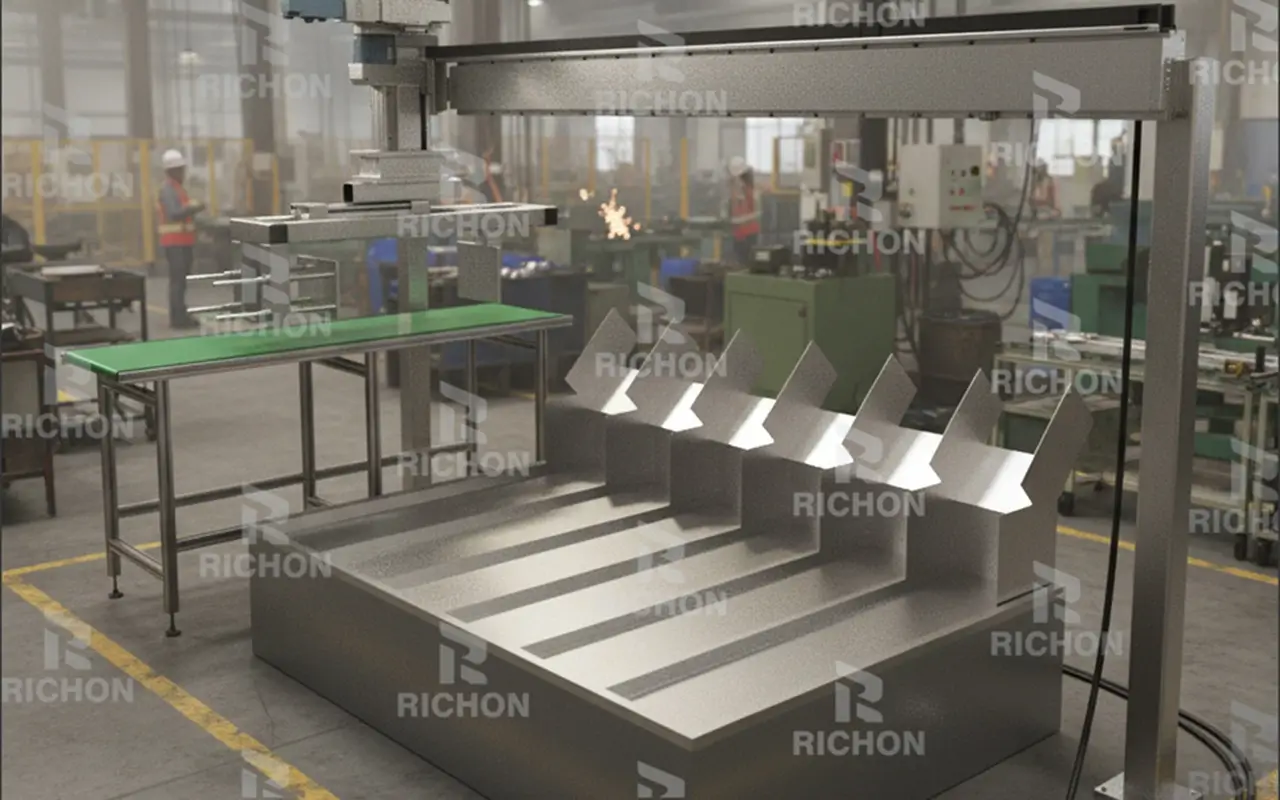 Automated robotic arms are stacking egg trays, preparing them for subsequent film wrapping or boxing through precise counting and arrangement, maximizing the use of storage and transportation space.