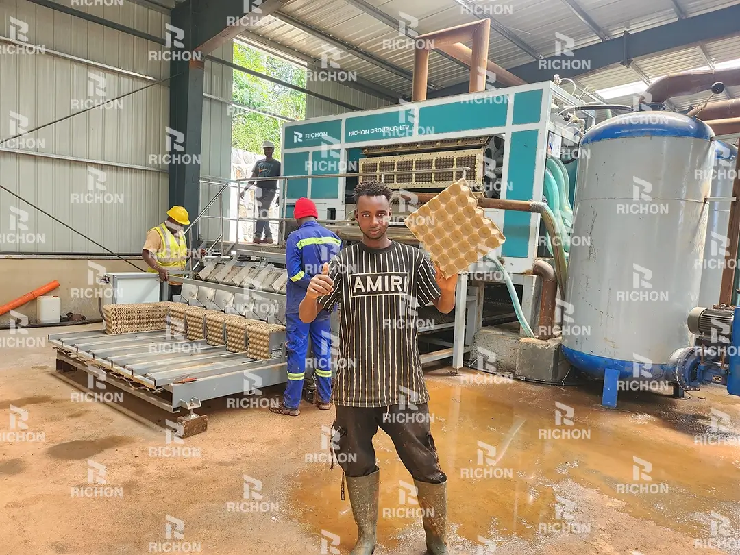 Turnkey egg tray production line installation with engineering support, including equipment setup, on-site training, customized factory layout, and high-efficiency waste paper recycling systems for sustainable manufacturing in Africa, Southeast Asia, and South America.