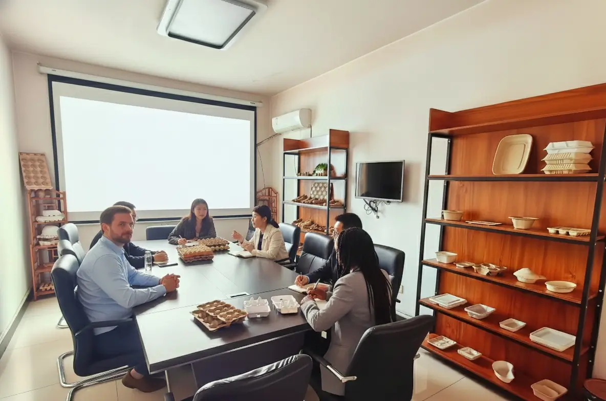 Modern office meeting supporting waste paper recycling egg tray project management, including production planning, raw material quality monitoring, and investment analysis for smooth project execution