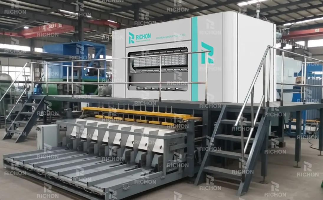 REM 8-8 fully automatic pulp molding production line with integrated drying system, PLC control, and 8,000–9,000 pcs per hour capacity, offering industry-leading stability and high-efficiency production.