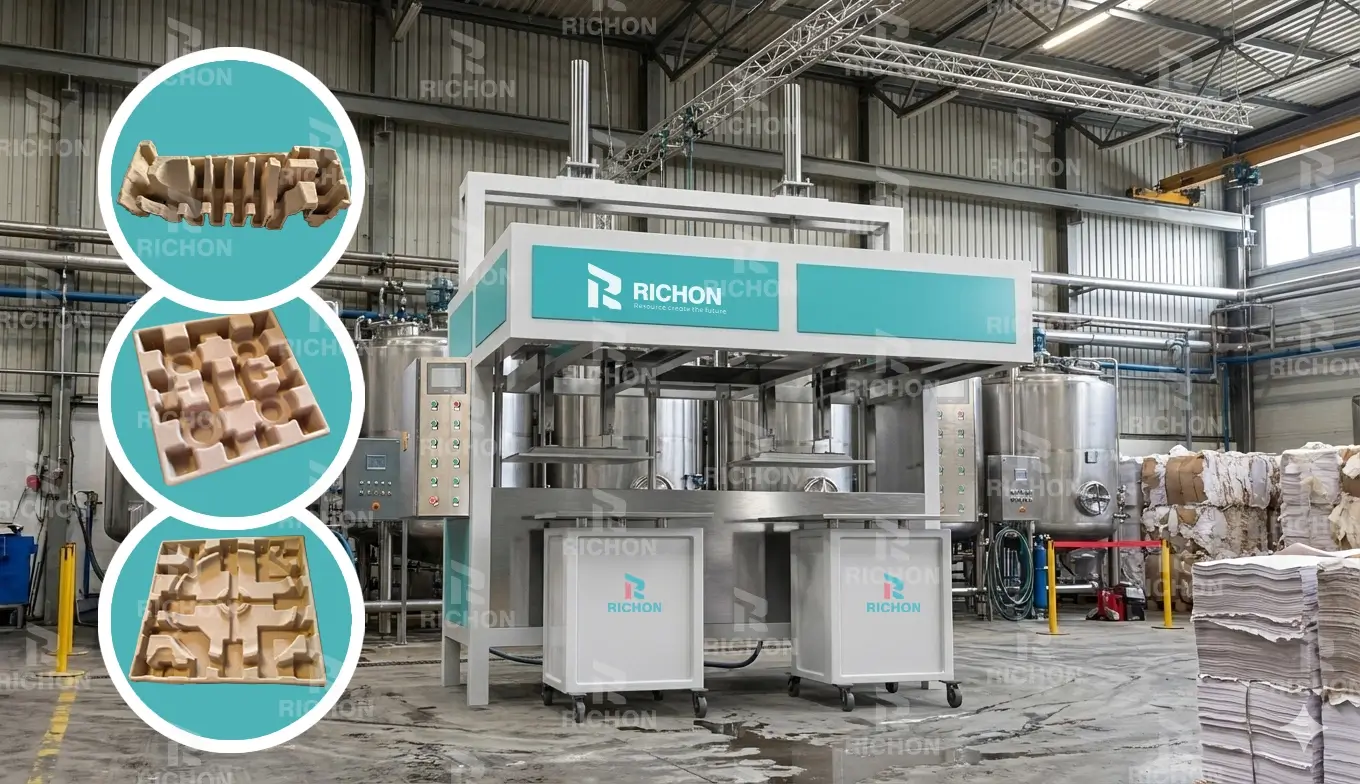 Semi-automatic industrial pulp molding packaging line producing corner protectors, edge guards, and cushioning components with quick mold change for small and medium manufacturers