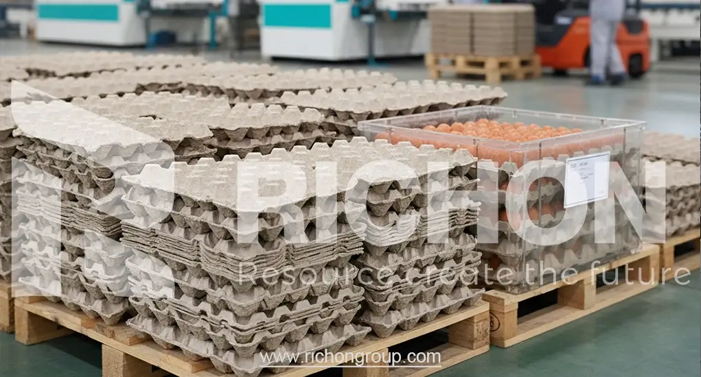 Diverse range of pulp molded products: 30-cell chicken egg trays, duck egg packaging, and industrial transport trays