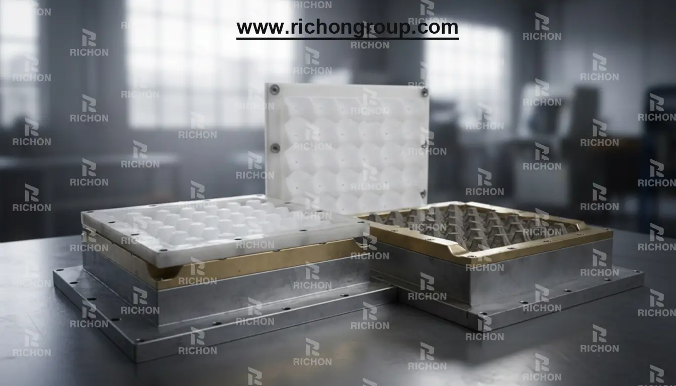 Precision pulp molding machine showing egg tray forming molds and vacuum transfer station