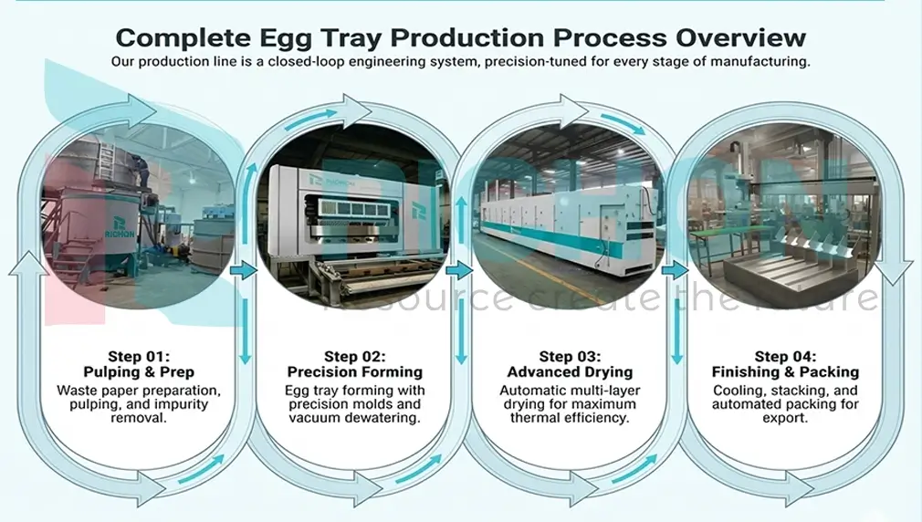 Egg tray production process overview showing pulping forming drying and packing stages