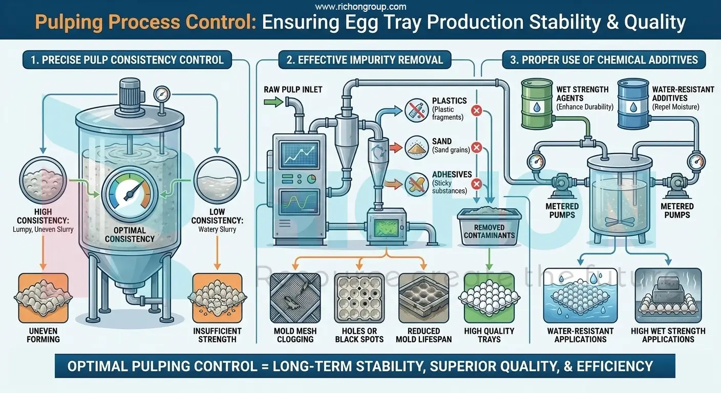 Pulp mixing and impurity removal in egg tray production process