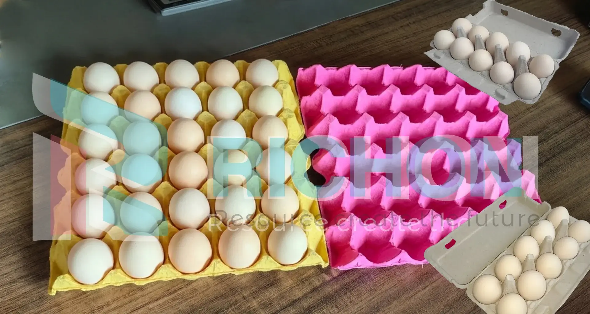 Egg tray production line end products including 30-cell molded pulp egg trays and egg boxes