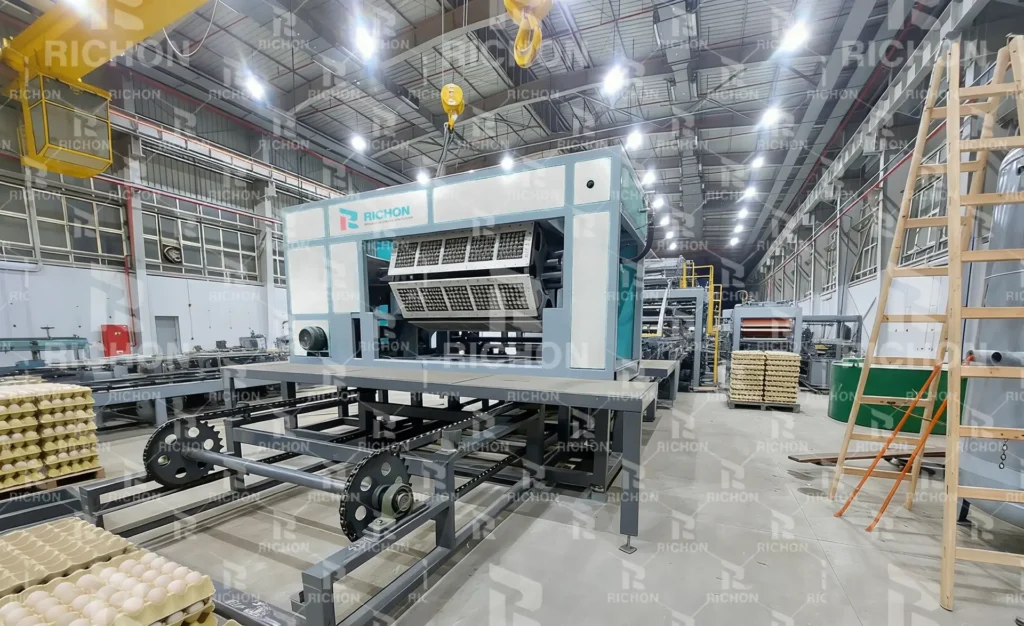 Egg tray products are produced by forming different types of waste paper using an egg tray machine.