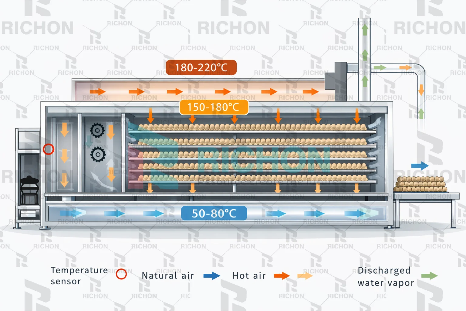Industrial egg tray drying system installed in molded pulp production factory showing drying tunnel and product transfer line