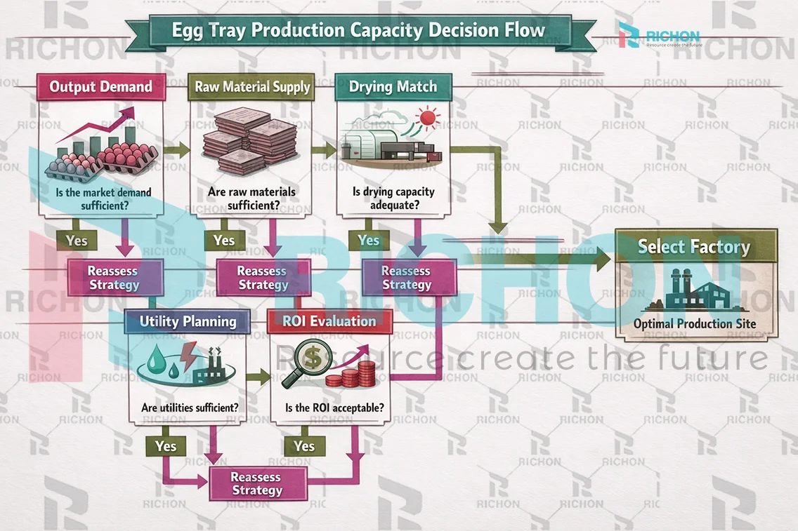 Egg tray production capacity decision flow image showing output demand, raw material supply, drying match, utility planning, and ROI evaluation for factory selection