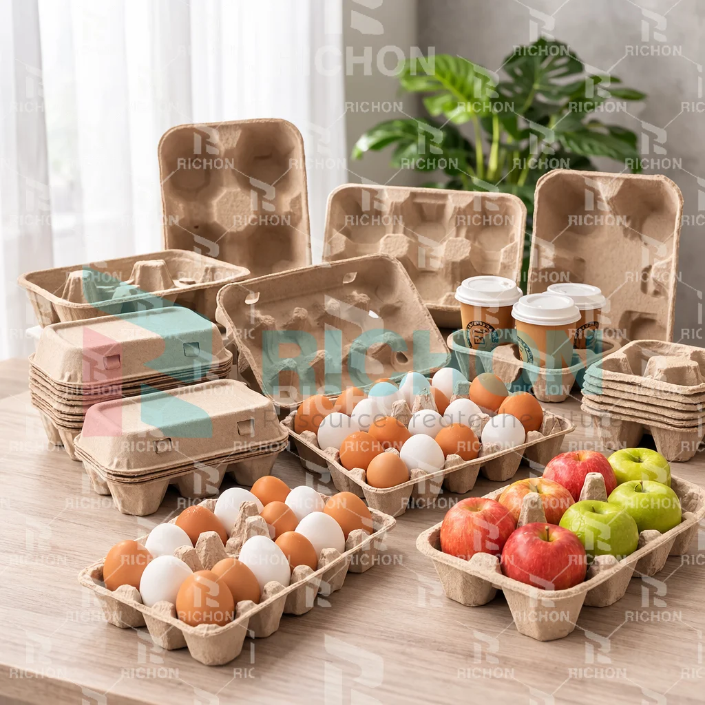 raw waste paper and molded pulp products produced by egg tray production line including egg trays cartons and cup carriers