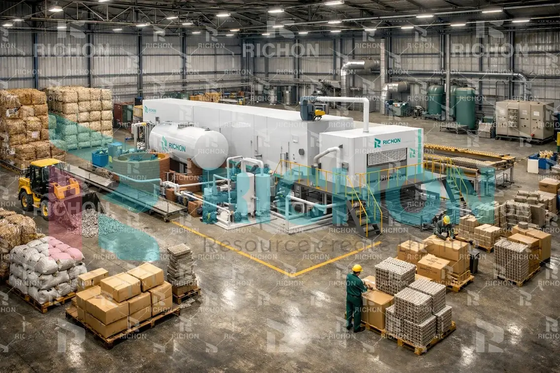 Egg tray factory functional zones showing raw material storage, pulping area, forming section, drying area, packing zone, and utility section inside a pulp molding plant