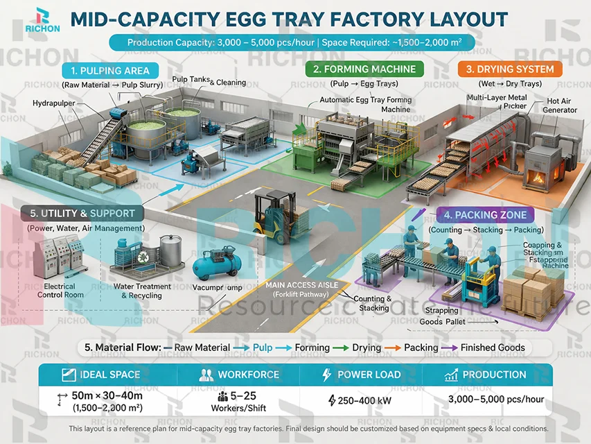 Mid-capacity egg tray factory layout reference with pulping area, forming machine, drying system, packing zone, and utility arrangement