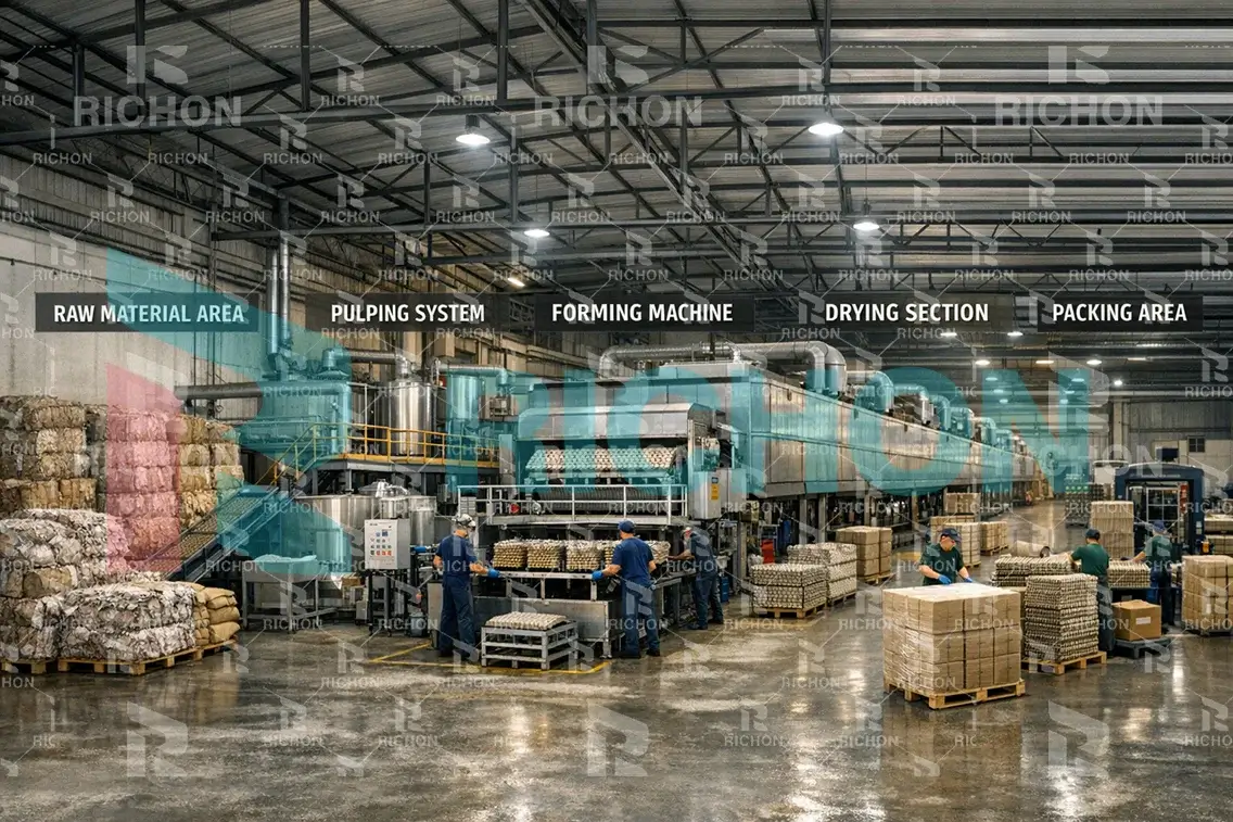 Egg tray factory production flow layout showing raw material area, pulping system, forming machine, drying section, and packing area in a logical industrial workshop arrangement
