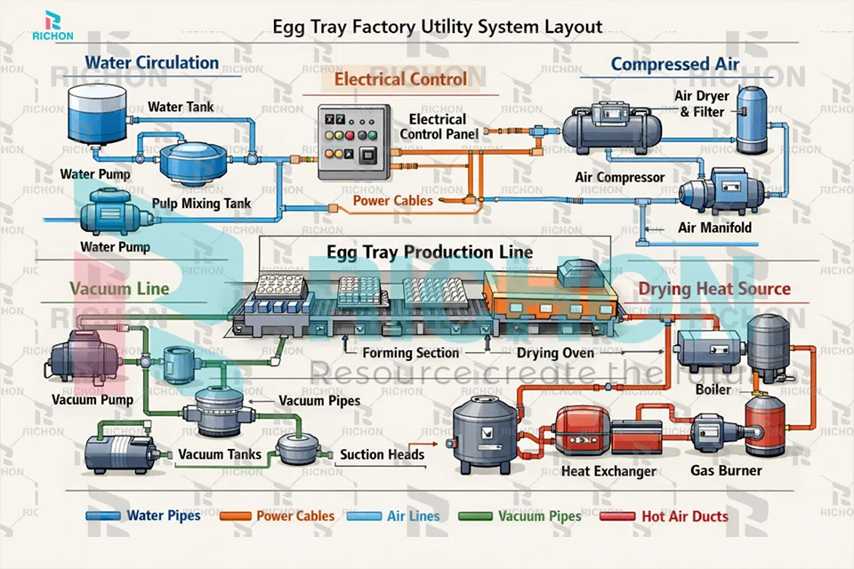 Egg tray factory utility system layout showing water circulation, electrical control, compressed air, vacuum lines, and drying heat source arrangement in industrial production planning