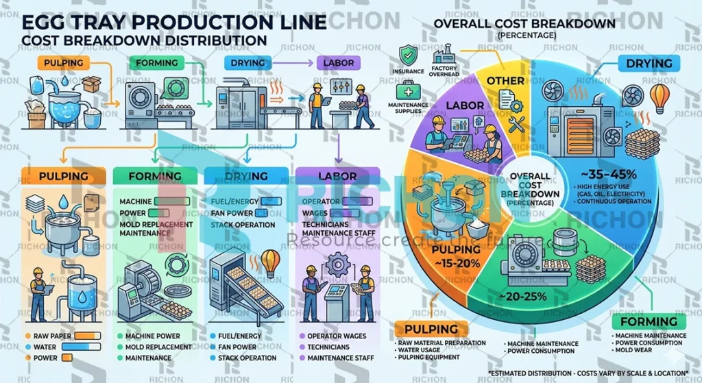 egg tray production line cost breakdown diagram showing drying forming pulping and labor cost distribution