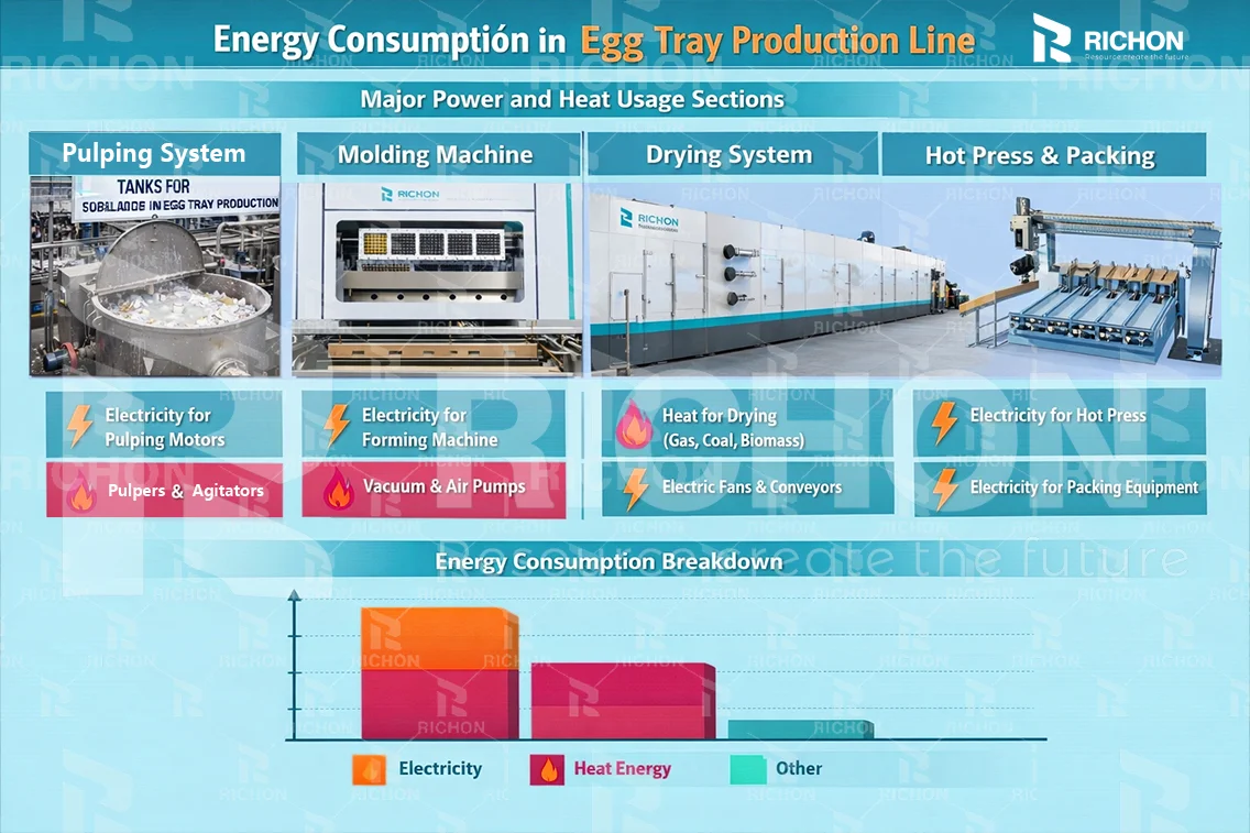 Energy consumption analysis for egg tray production line showing major power and heat usage sections