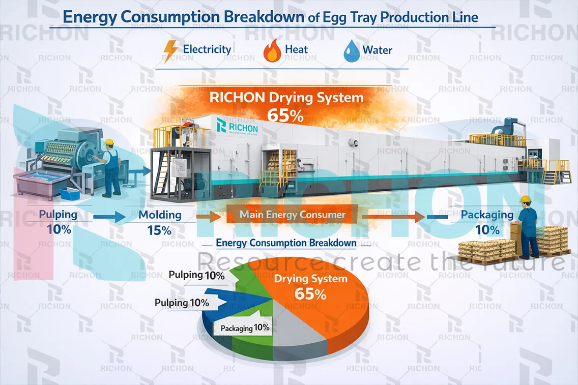 Energy consumption breakdown of egg tray production line with drying system as main energy consumer