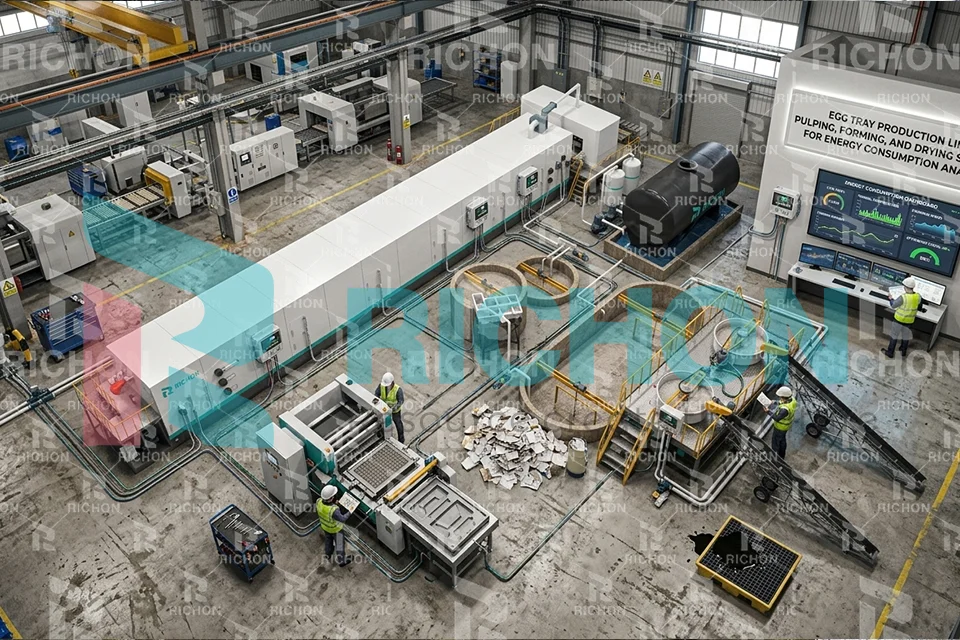 Egg tray production capacity planning page hero image showing pulping system, forming machine, drying system, and industrial factory layout for output selection