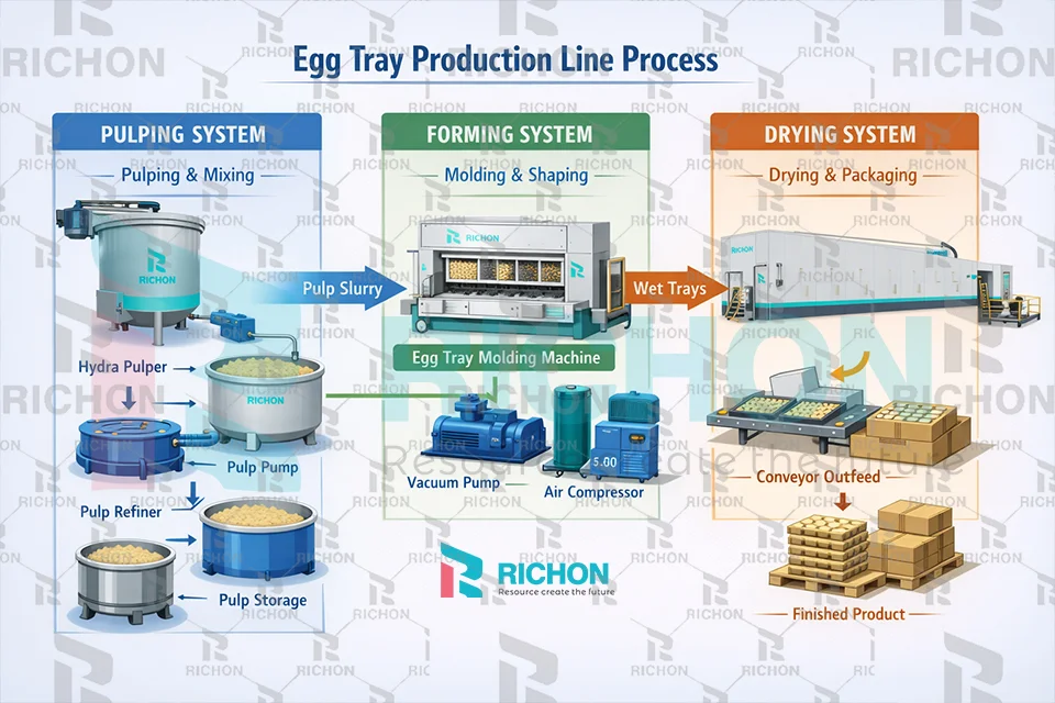egg tray production line process diagram showing pulping forming and drying system structure