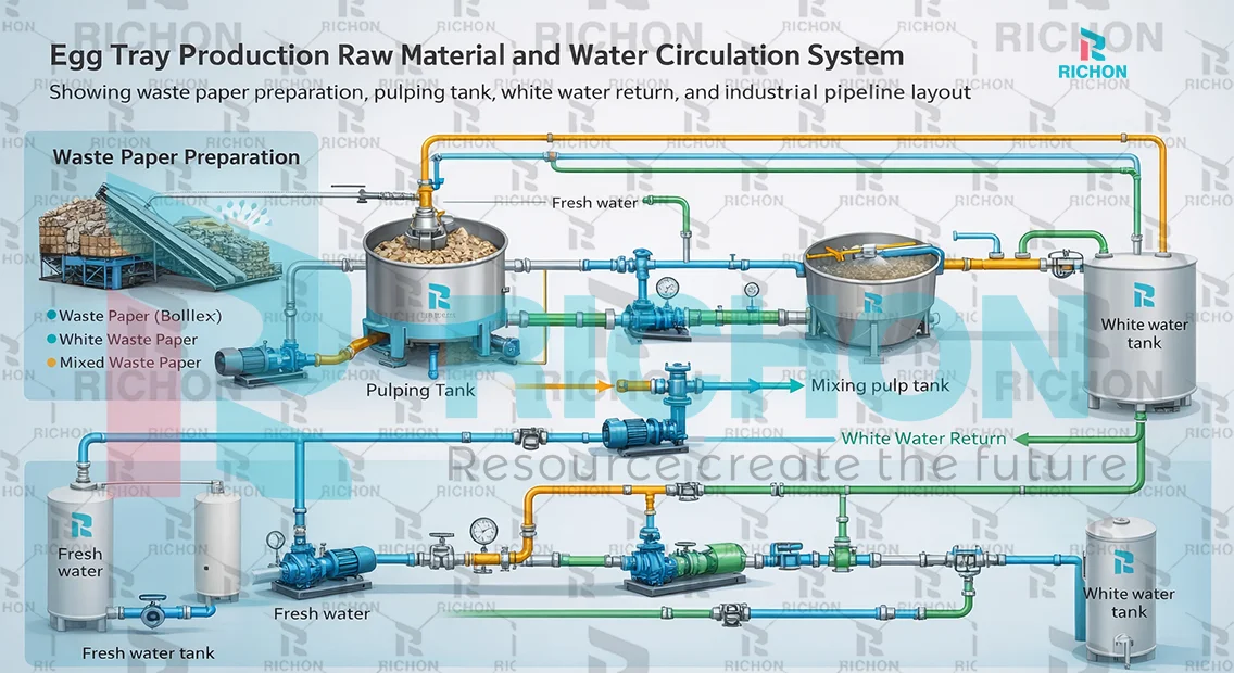Egg tray production raw material and water circulation system showing waste paper preparation, pulping tank, white water return, and industrial pipeline layout