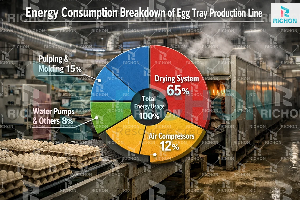 energy consumption breakdown of egg tray production line showing drying system as main energy consumer