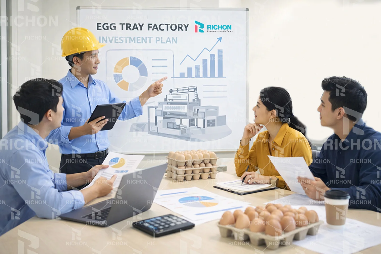engineering team reviewing egg tray factory investment plan before equipment purchase