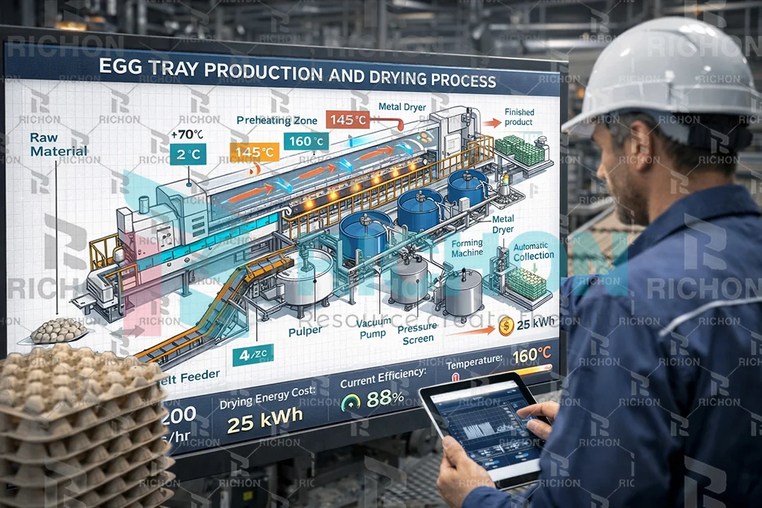 Industrial engineer planning egg tray production line layout and drying system configuration