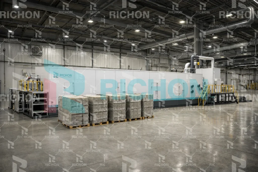 integrated-fully-automatic-dryer-system-for-egg-tray-production-line egg tray drying system showing multi-layer metal dryer and airflow