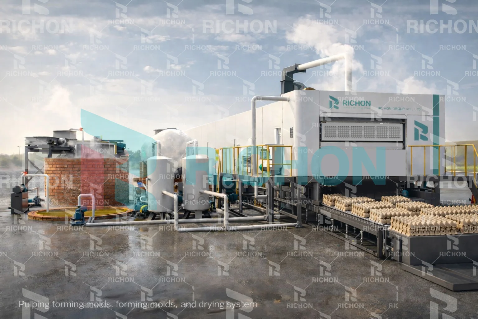 main equipment units in an egg tray production line including pulping forming molds and drying system