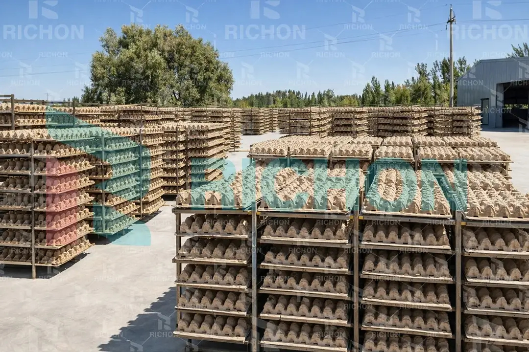 Natural sun drying of molded pulp egg trays in open yard production area