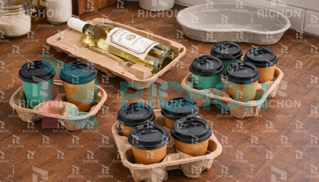 Paper pulp molded cup holders for beverage takeaway packaging