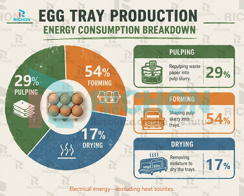 egg tray production energy consumption breakdown showing pulping forming and drying sections