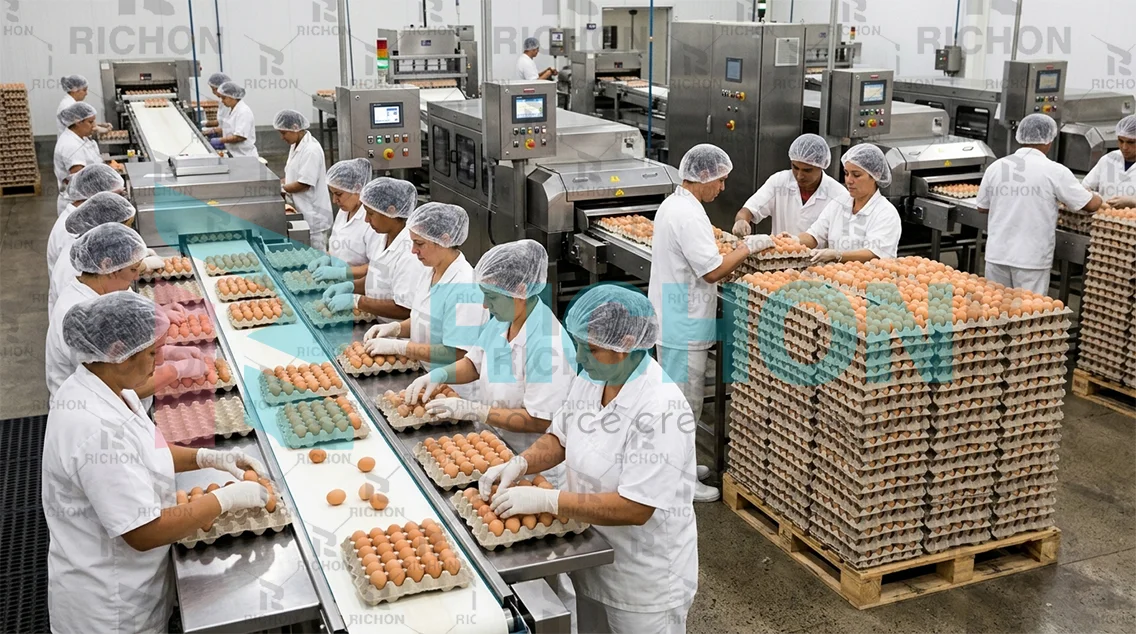 egg tray packing process showing stacking and manual packing in production line