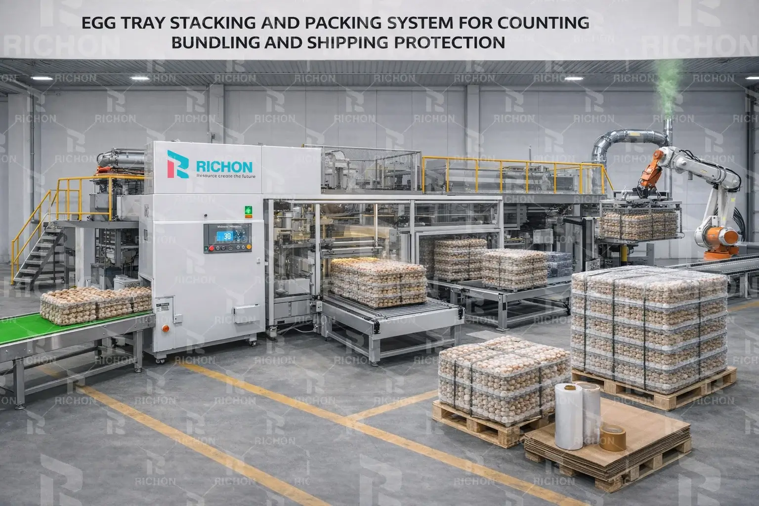 Egg tray stacking and packing system for counting bundling and shipping protection