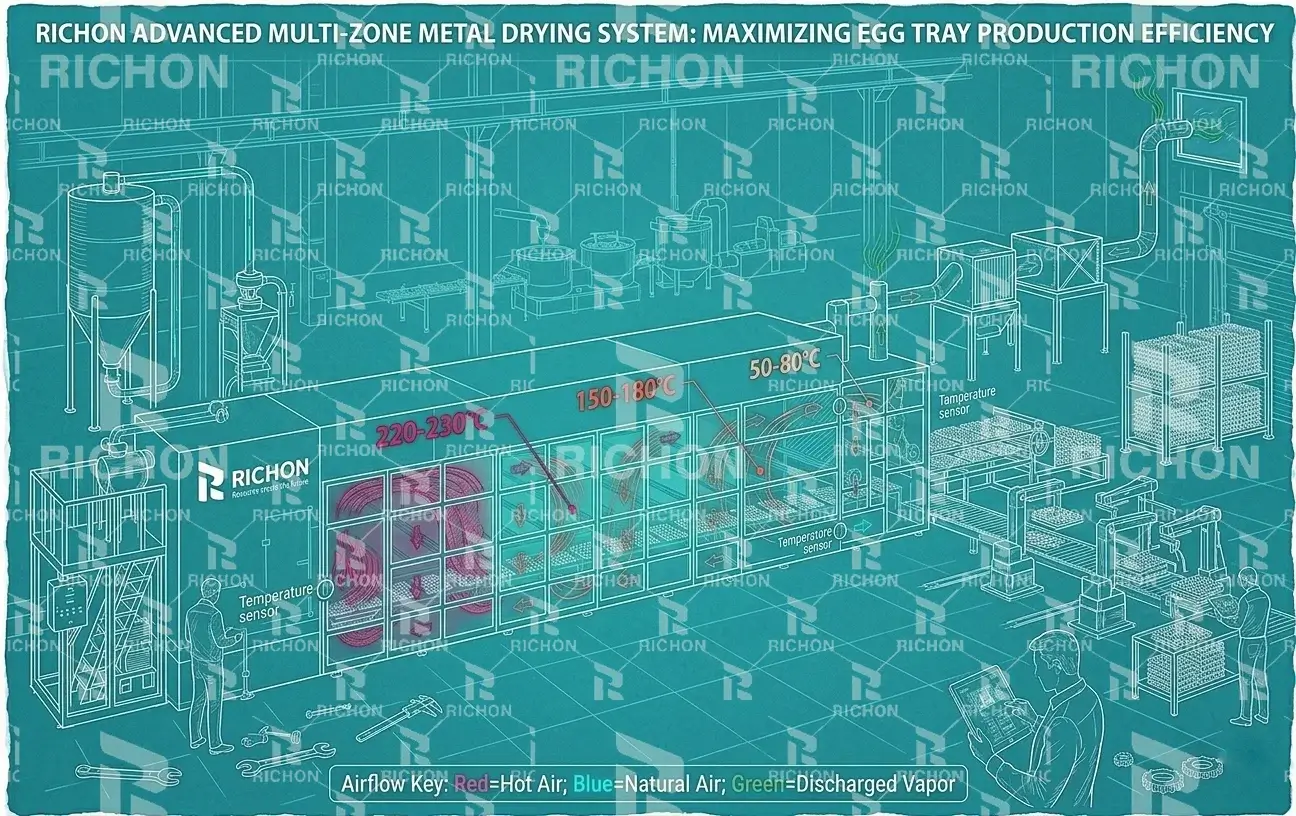 Metal drying system for egg tray production line showing controlled airflow and temperature zones