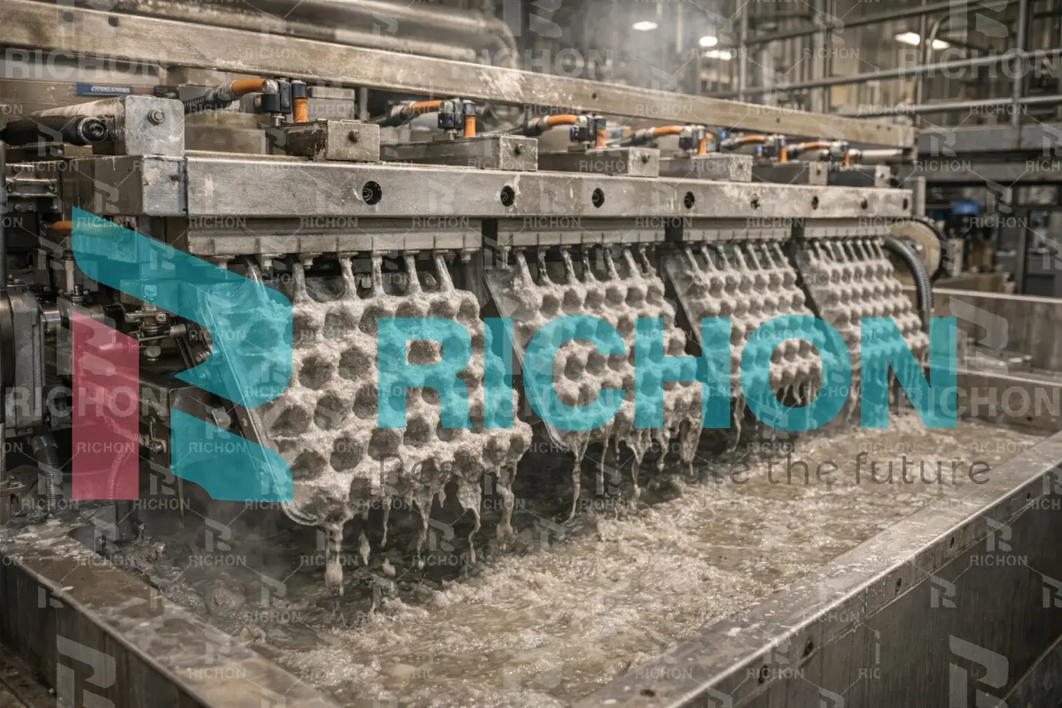 Vacuum forming molds shaping wet egg trays from pulp slurry during pulp molding process