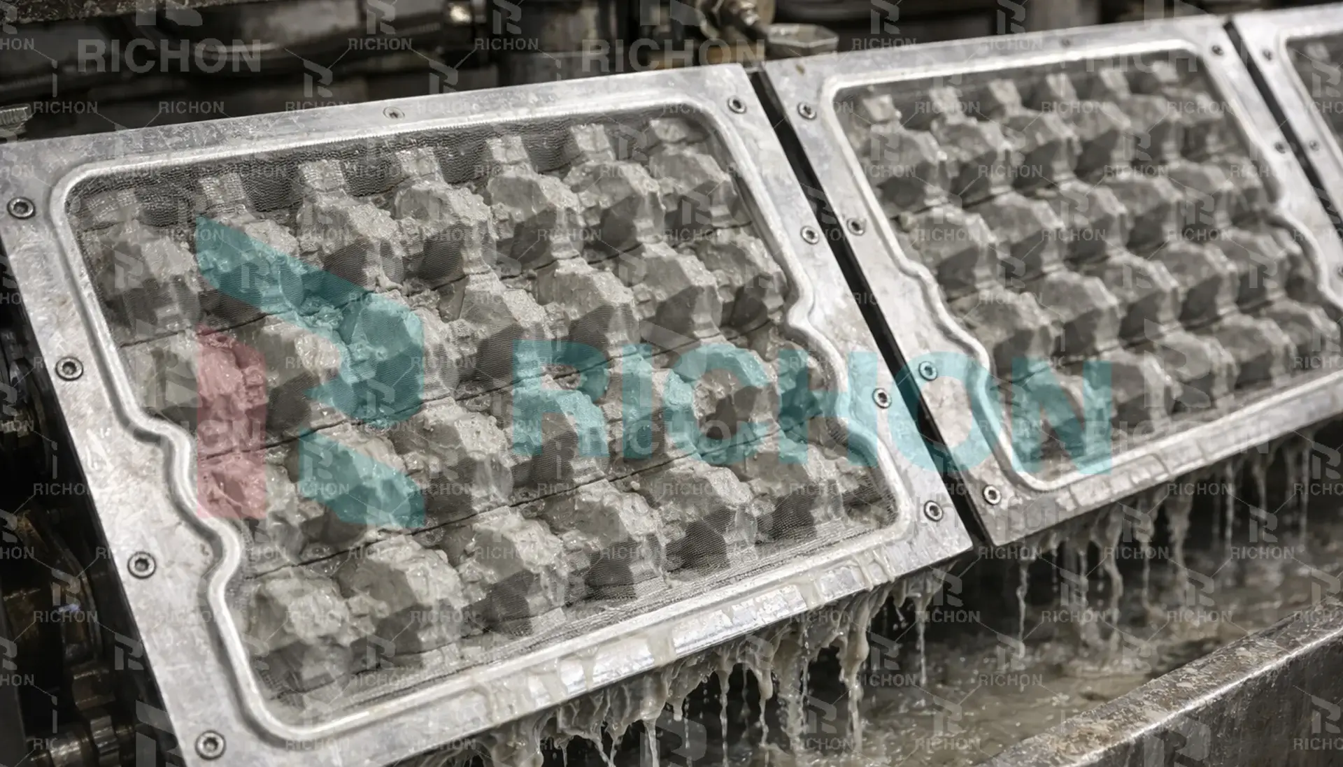 Vacuum forming molds shaping wet egg trays from pulp slurry during egg tray machine production