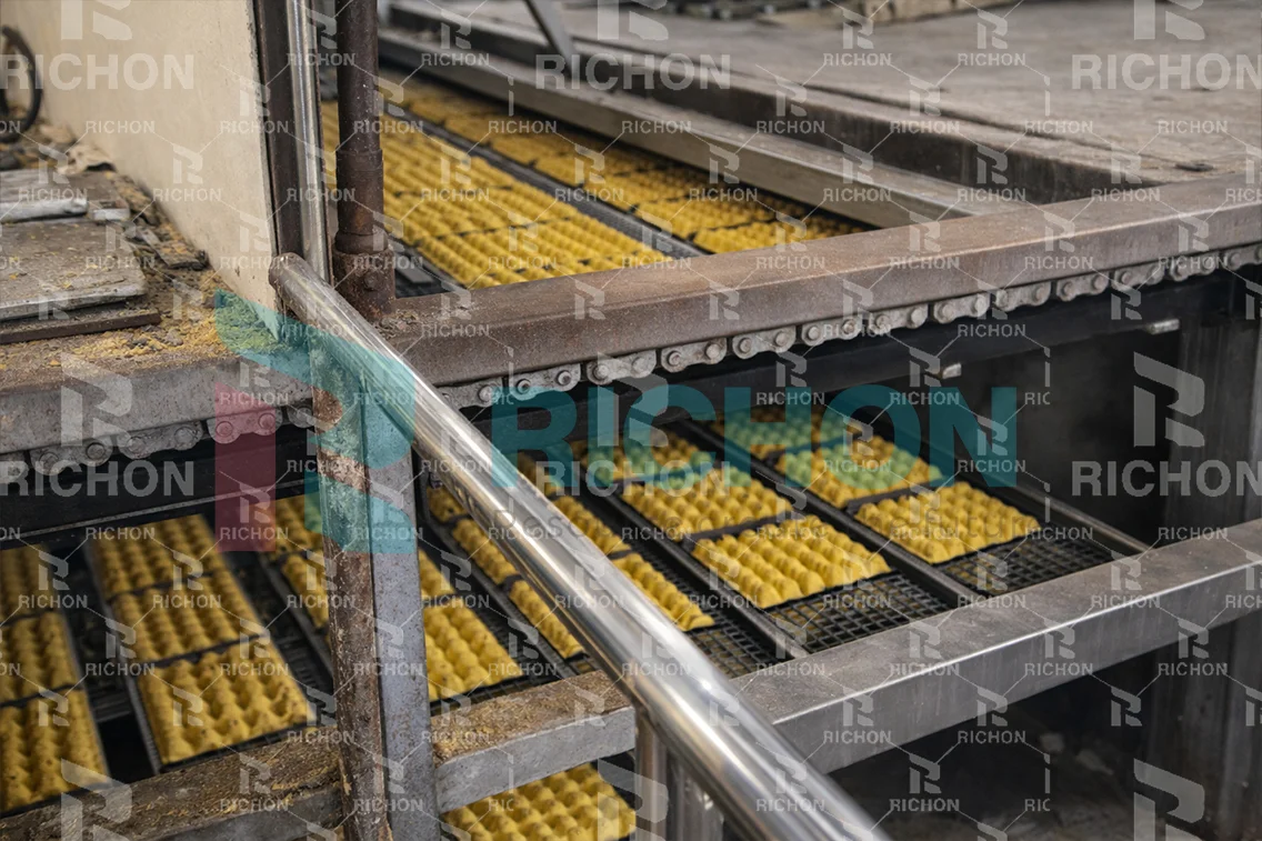 Wet egg trays transferred from forming machine to drying section in egg tray production line