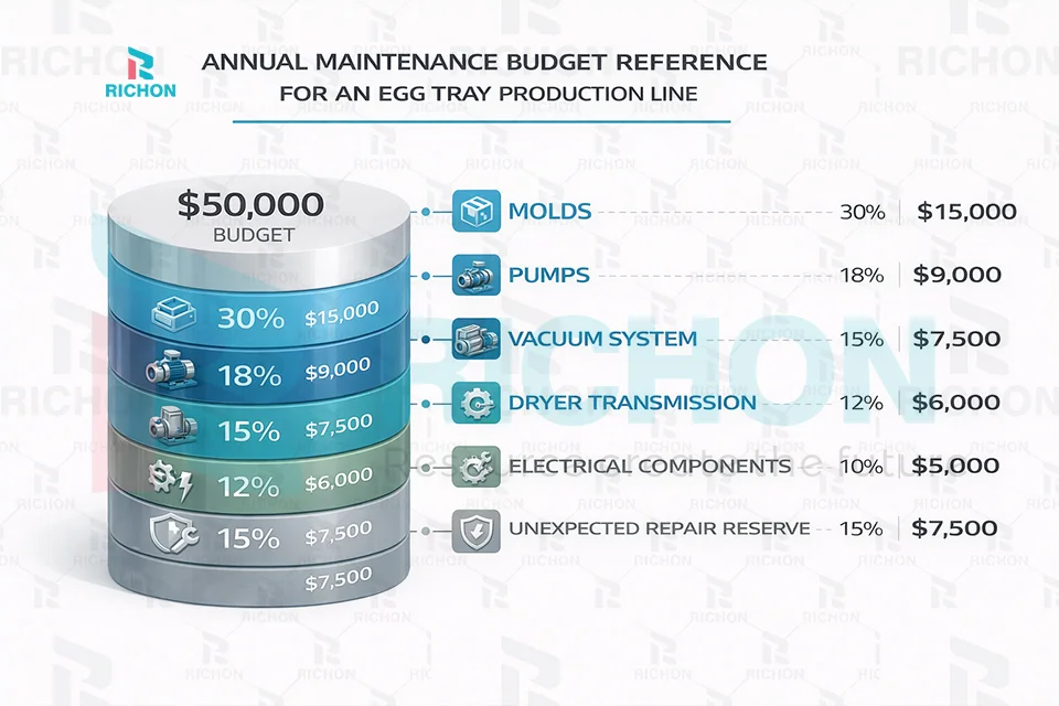 annual maintenance budget reference for egg tray production line showing different cost categories