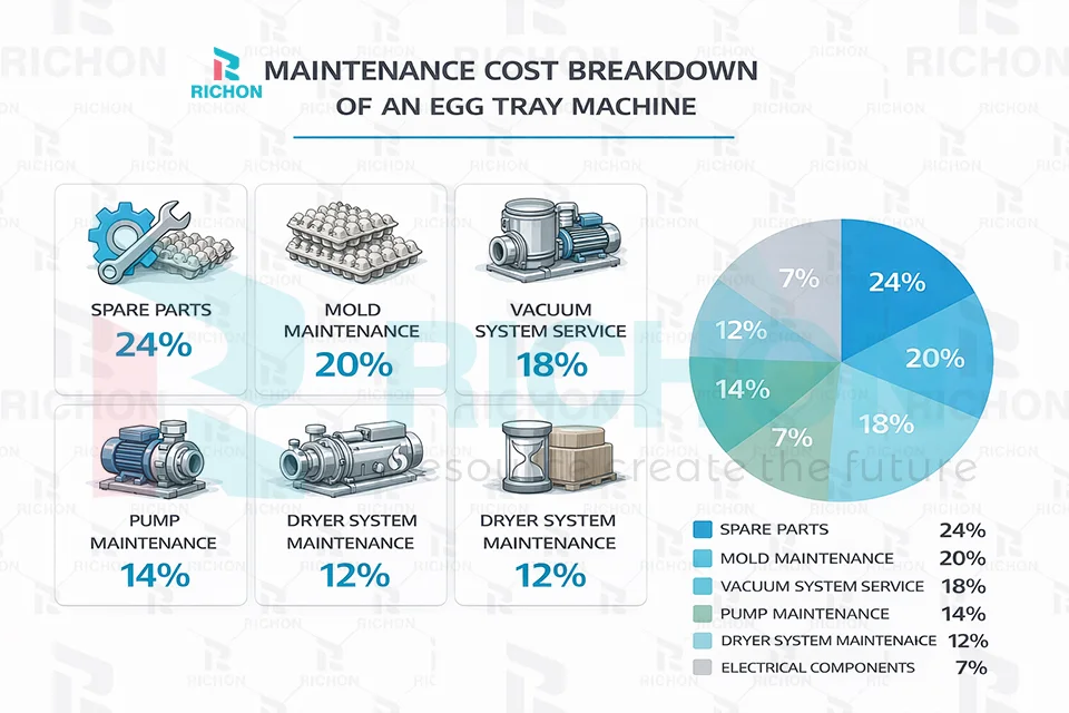 egg tray machine maintenance cost breakdown showing spare parts service and annual operating budget