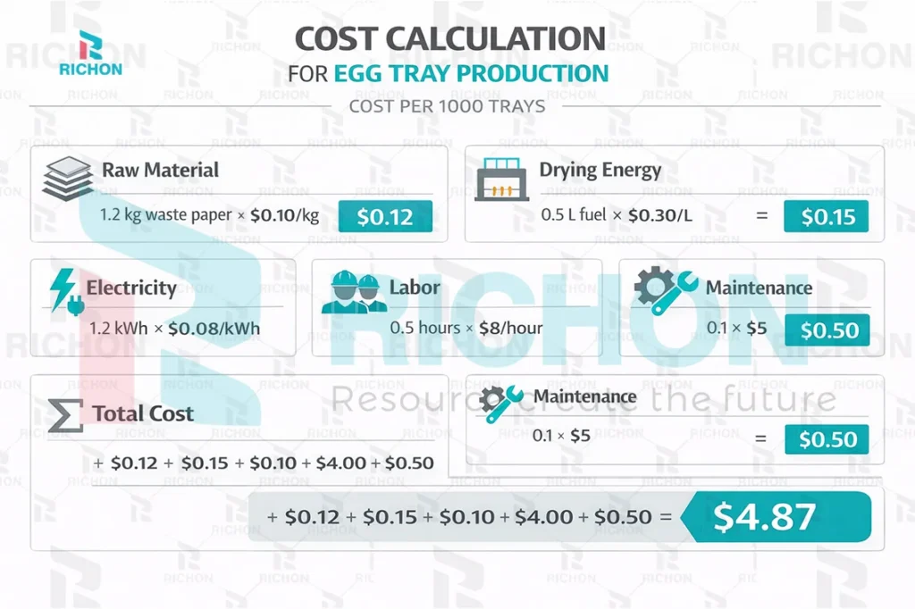egg tray cost per 1000 trays calculation diagram including raw material drying energy labor and maintenance cost