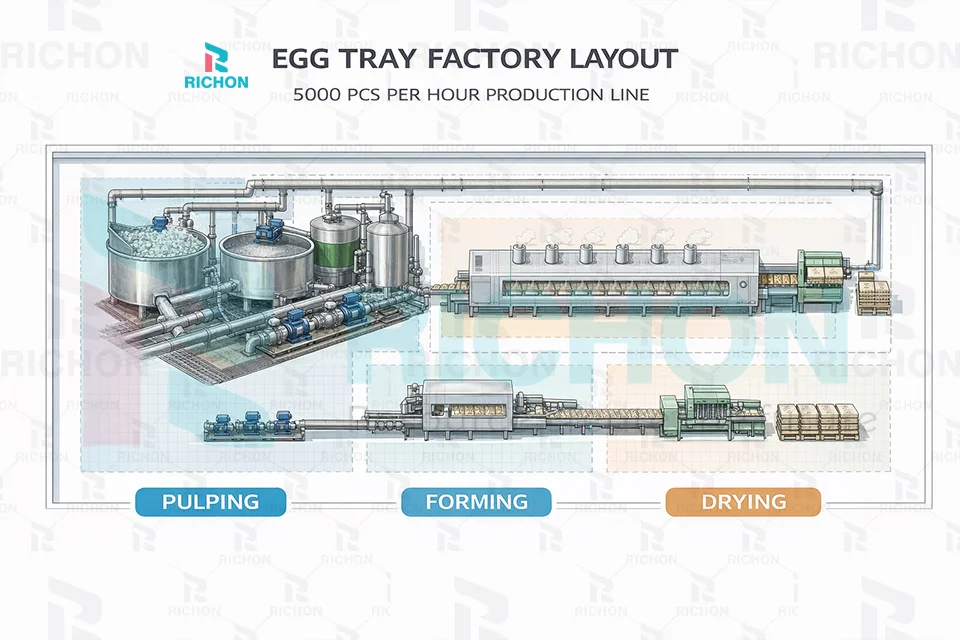 egg tray factory layout for 5000 pcs per hour production line with pulping forming drying and packing zones