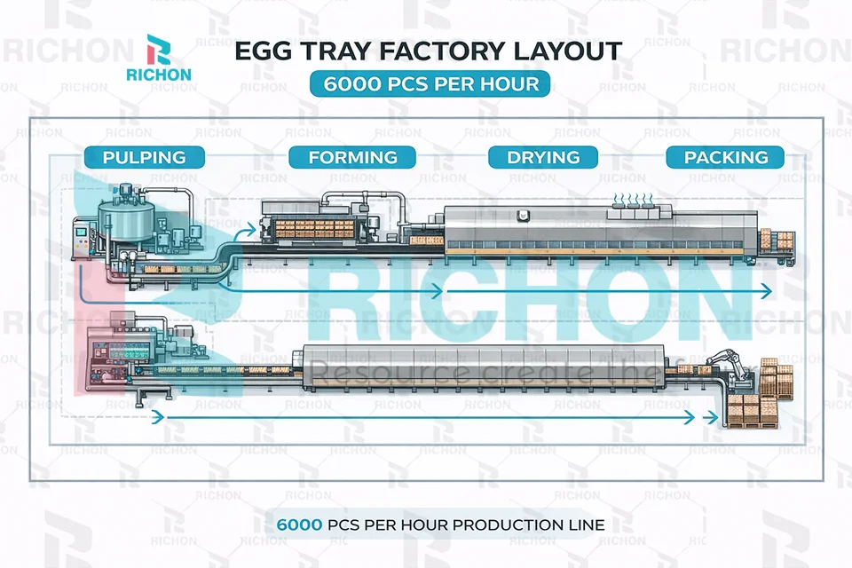 egg tray factory layout for 6000 pcs per hour production line with pulping forming drying and packing zones