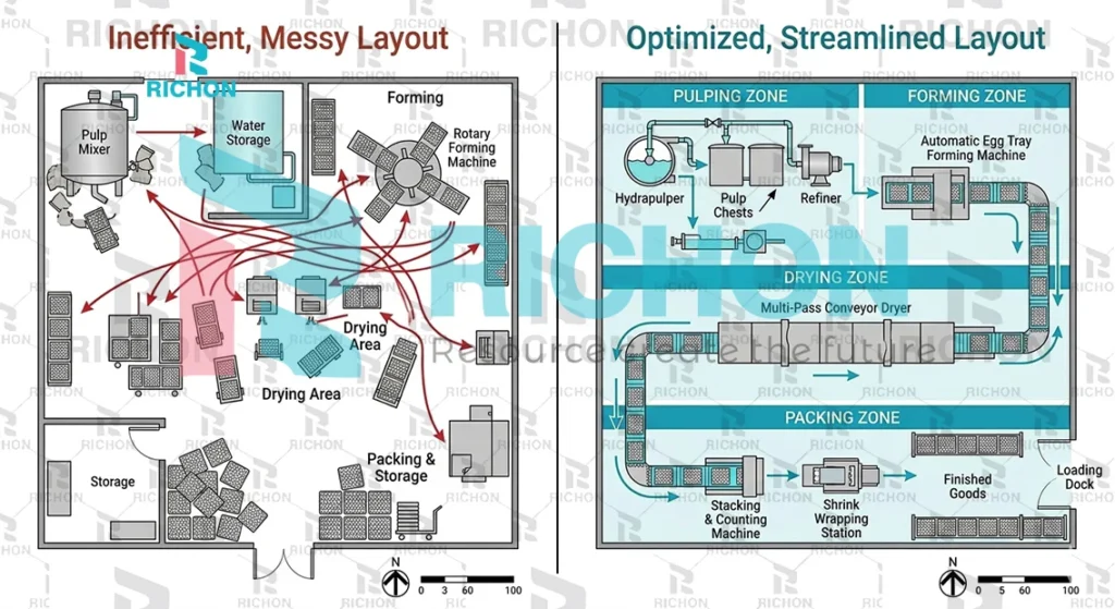 bad vs optimized egg tray factory layout comparison