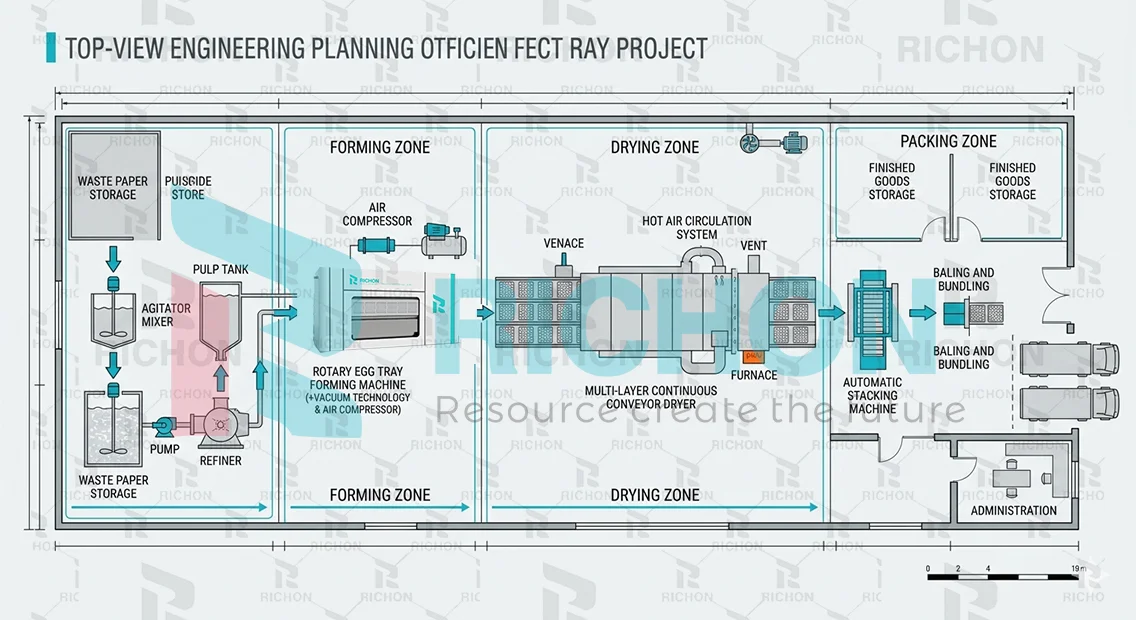 egg tray factory layout project showing pulping forming drying packing zones for optimized production flow