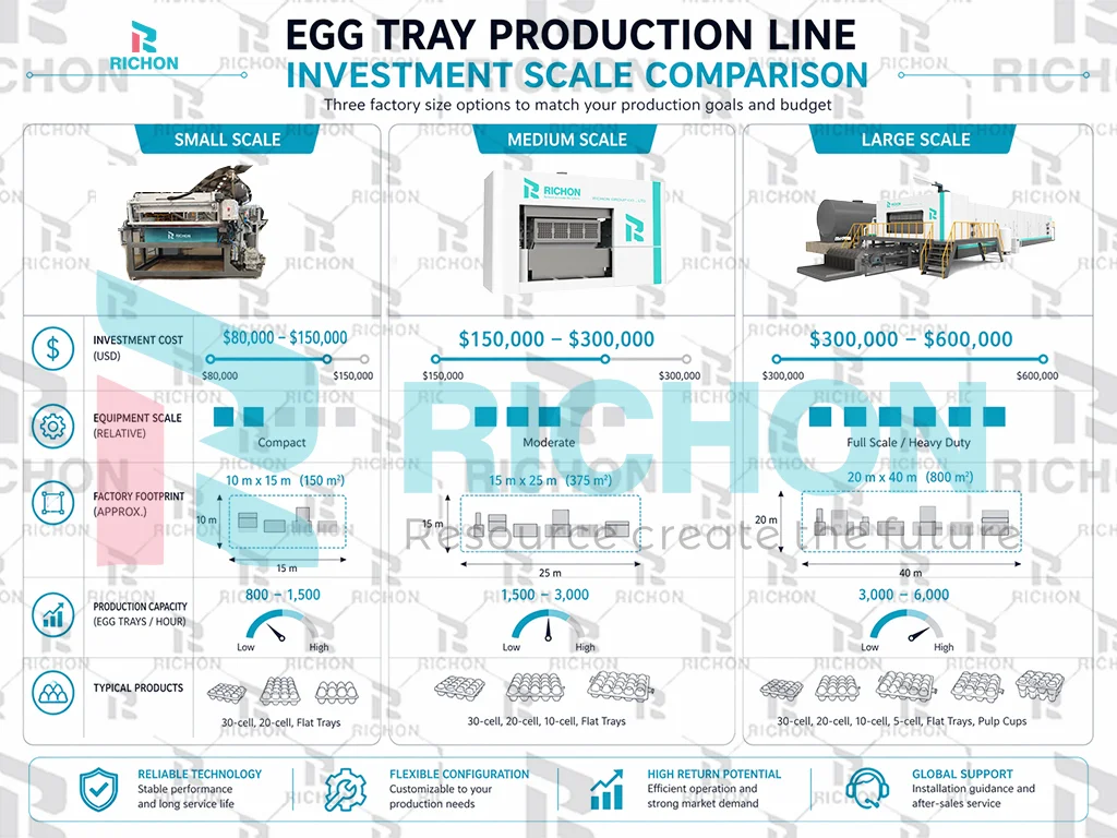 egg tray production line investment scale comparison small medium large factory setup