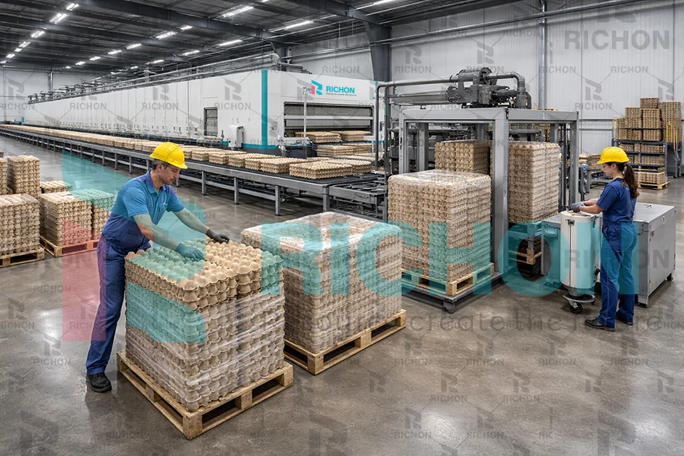 egg tray packing process showing stacking and manual packing in 8000 pcs production line