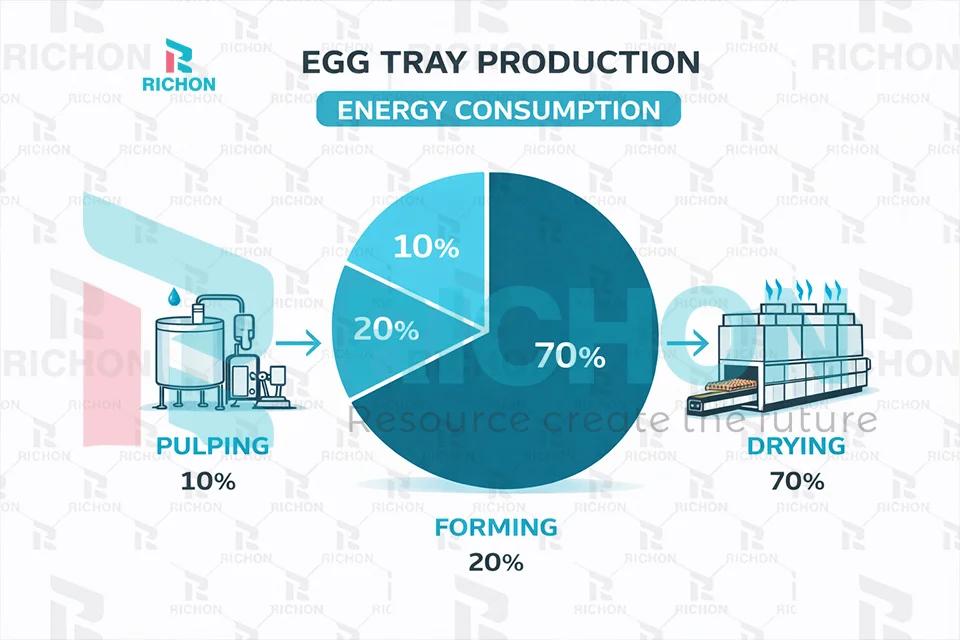 egg tray production energy consumption breakdown showing pulping forming and drying sections for 6000 pcs per hour line