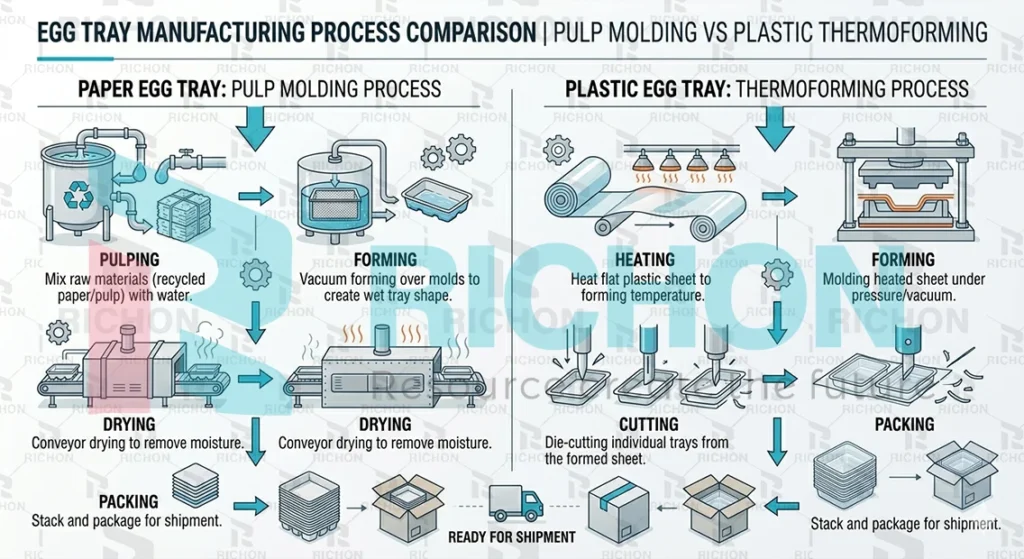 egg tray production process vs plastic thermoforming process comparison diagram